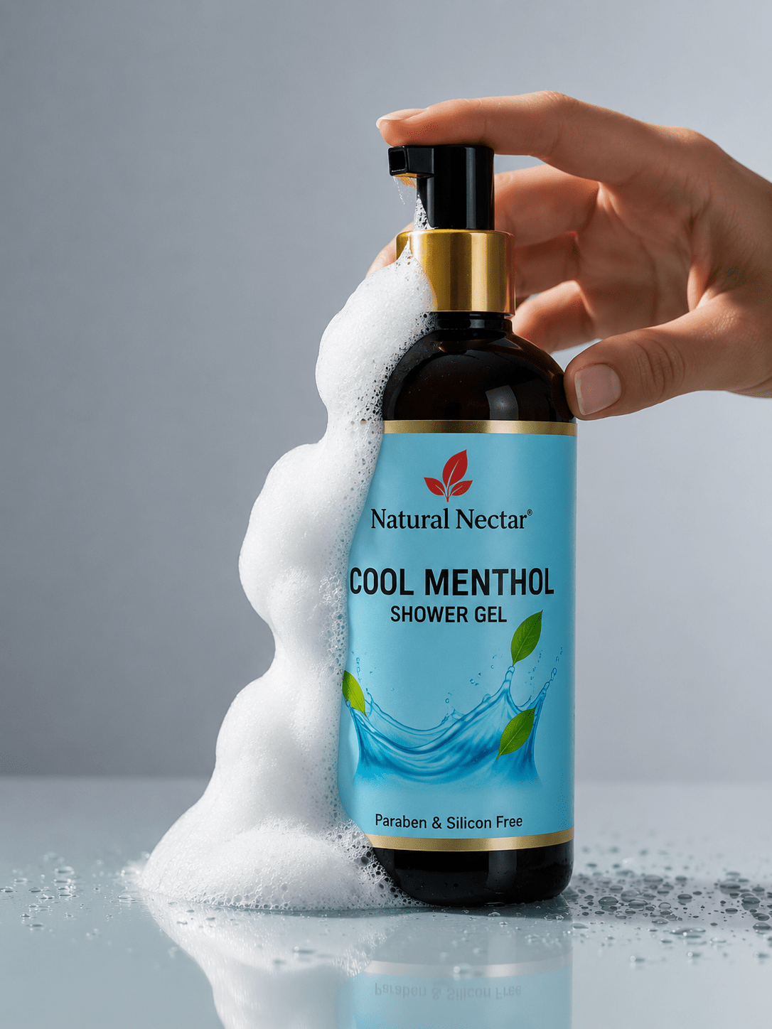 Natural Nectar Cool Menthol Body Wash product shot with clear branding on grey background.