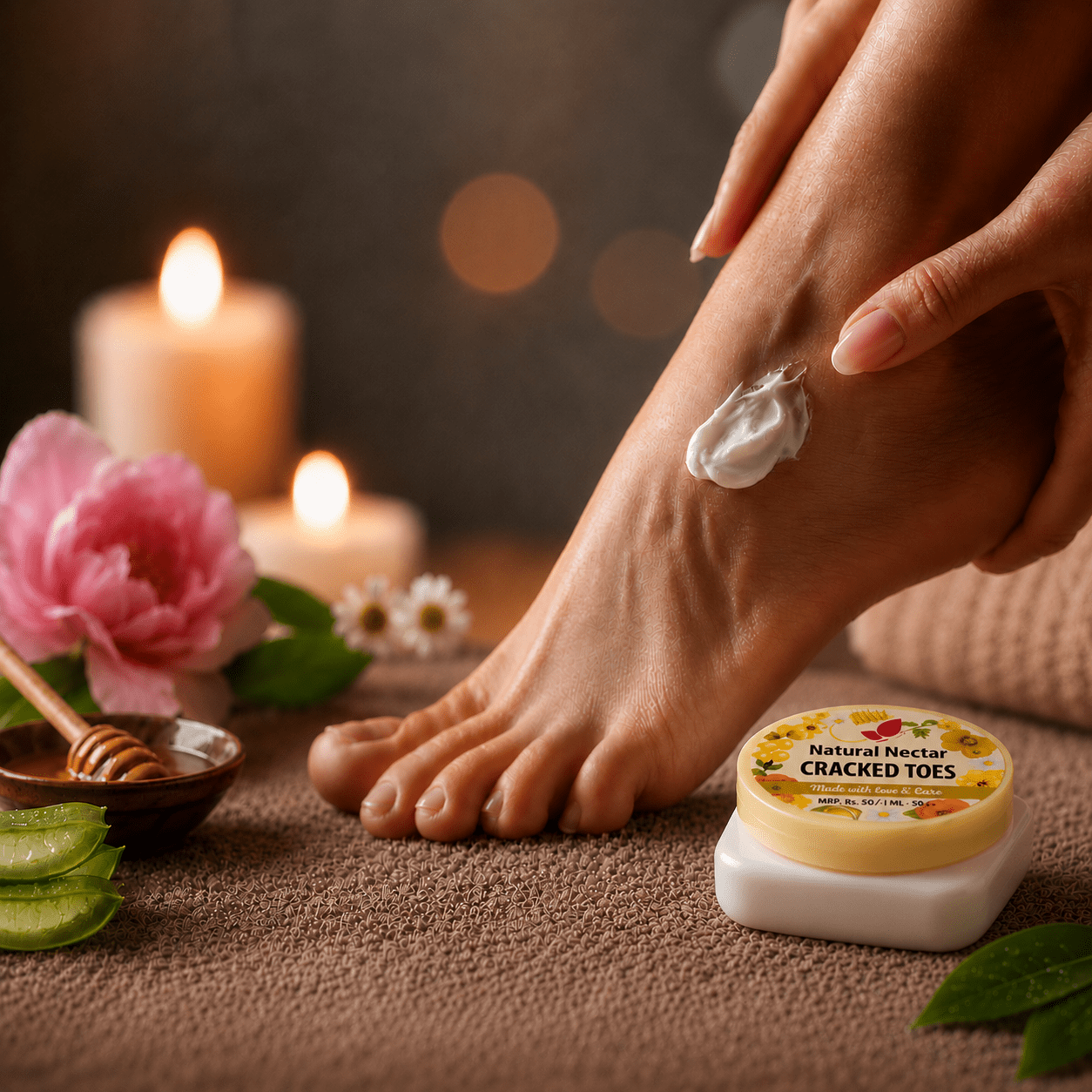 Natural Nectar Beeswax Cracked Heel & Toe Cream on soft background with healing theme.