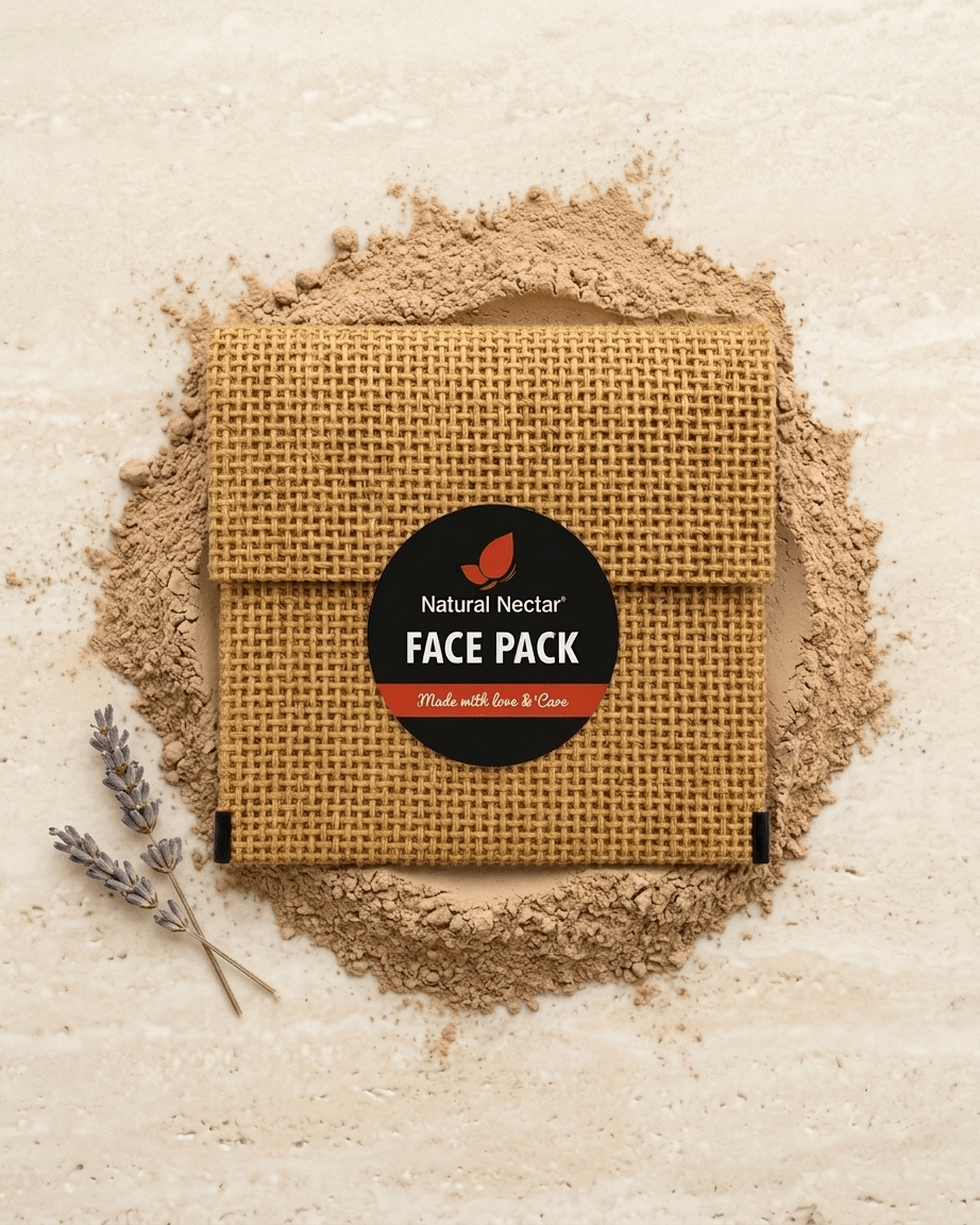 Natural Nectar Papaya & Amla Glow Face Pack on soft background with botanical elements.