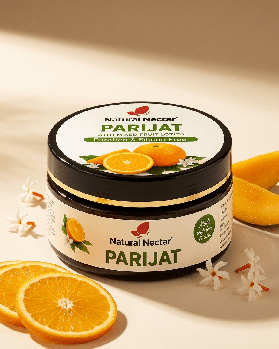 Natural Nectar Parijat Moisturizer in lifestyle shot with botanical parijat flower styling.