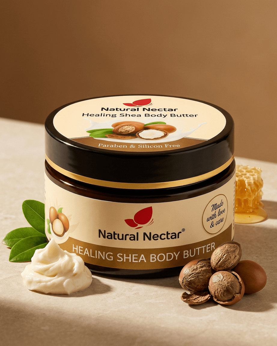 Natural Nectar Shea Butter Moisturizer in lifestyle shot with botanical and cream styling.