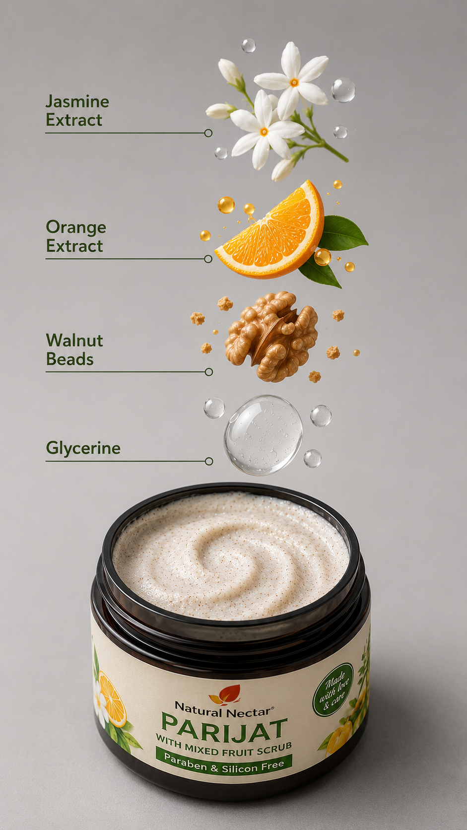 A jar of Natural Nectar Parijat Medicated Fruit Scrubber shown on a gray background with ingredient callouts above it: Jasmine Extract, Orange Extract, Walnut Beads, and Glycerine. The jar contains a white cream-colored scrub and has a black lid with a cream label featuring fruit illustrations.