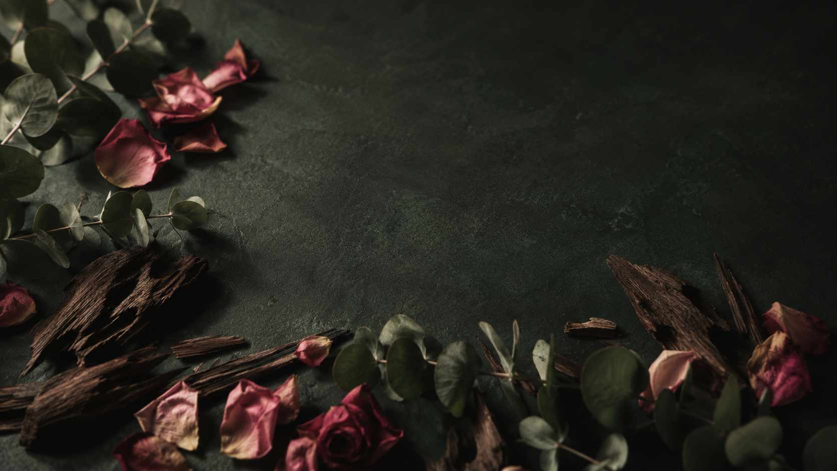 Botanical scene with rose petals, oud wood and eucalyptus