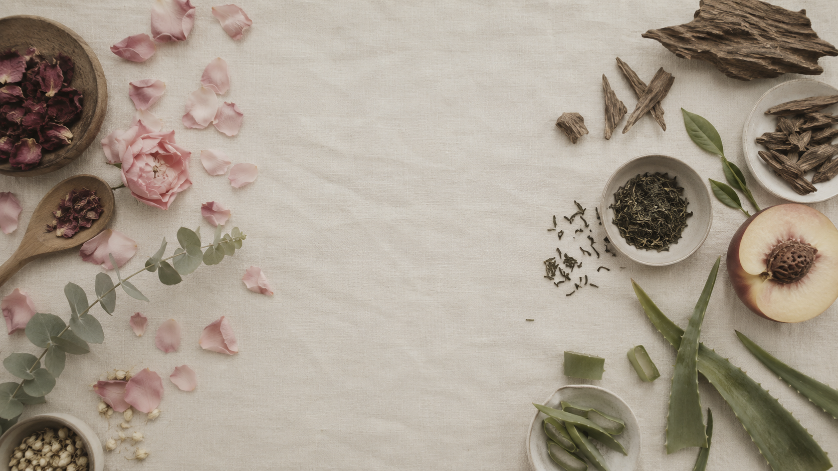 Botanical still life with rose petals, oud wood and eucalyptus