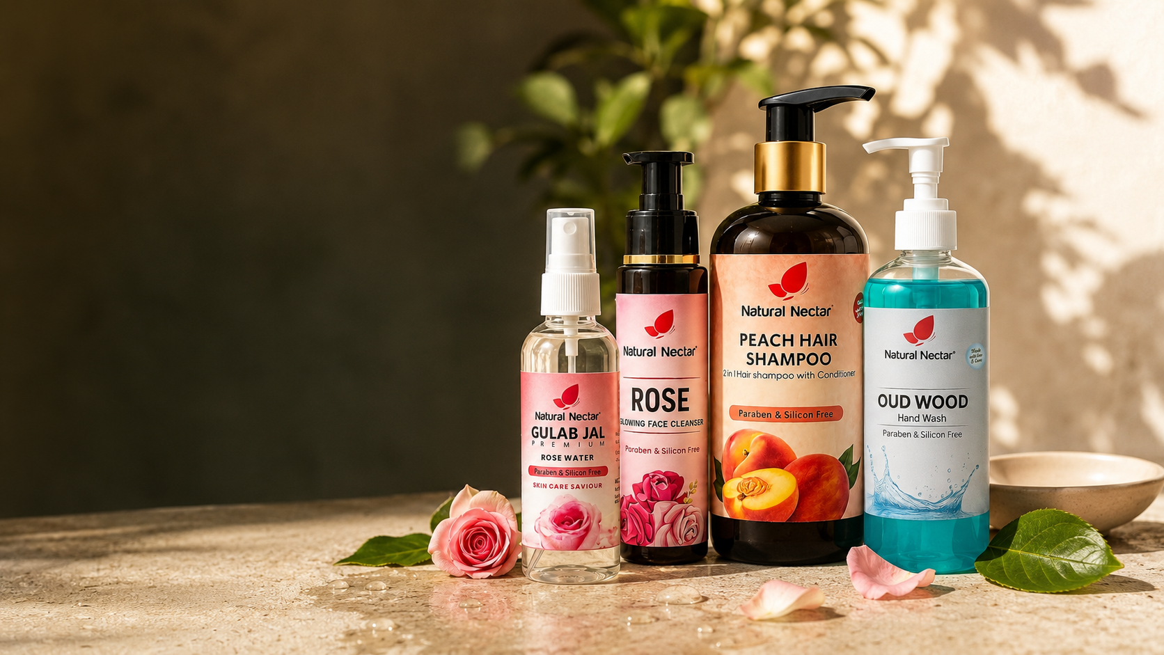 Natural Nectar botanical still life - rose petals, oud wood, eucalyptus and linen on oak against a sage wall
