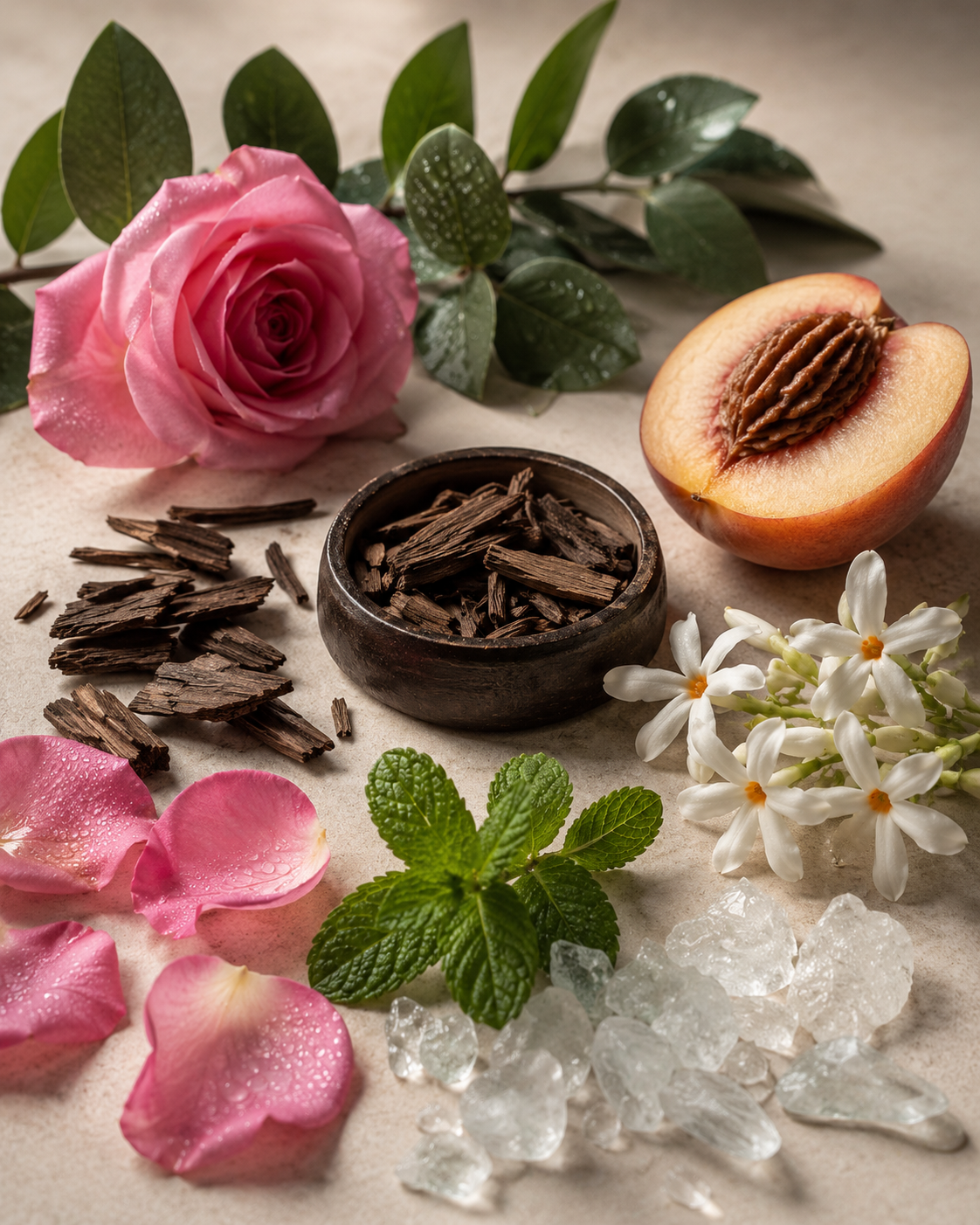 Rose petals, oud wood and small batches of Natural Nectar formulas being prepared by hand