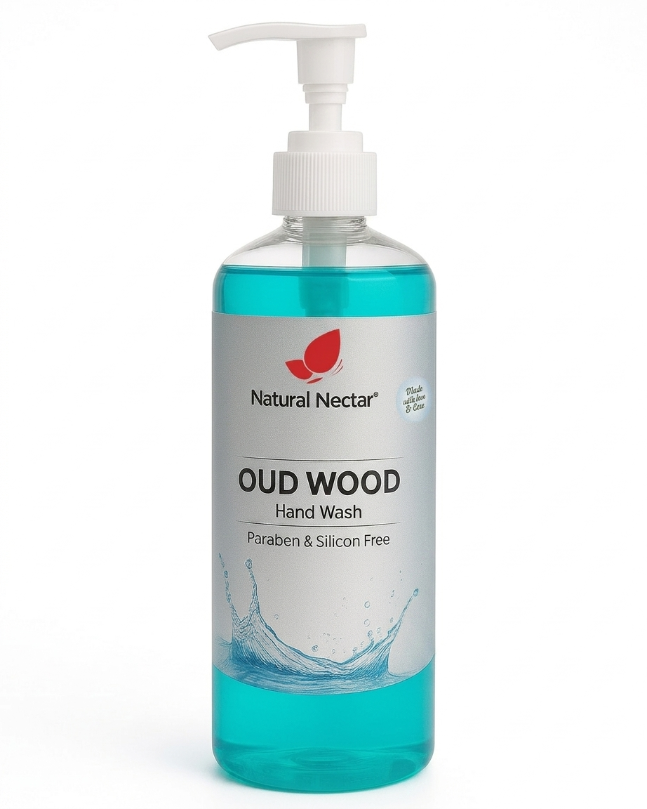 Natural Nectar Oud Wood Hand Wash in a clear plastic bottle with a white pump dispenser, showing the turquoise liquid inside, on a white background.