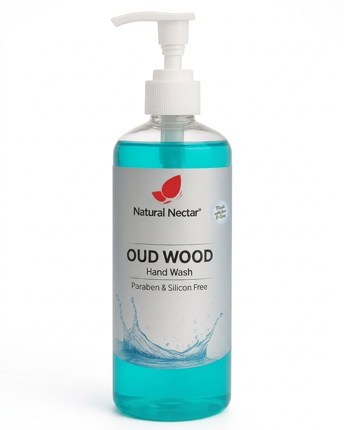 Natural Nectar Oud Wood Hand Wash in a clear plastic bottle with a white pump dispenser, showing the turquoise liquid inside, on a white background.