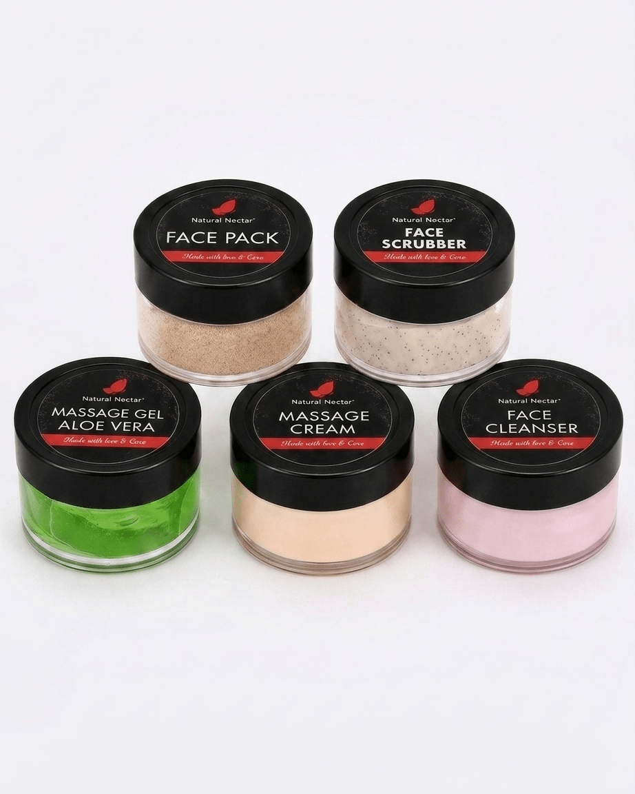 Natural Nectar 5-in-1 Facial Kit box in lifestyle shot with botanical styling and facial care theme.