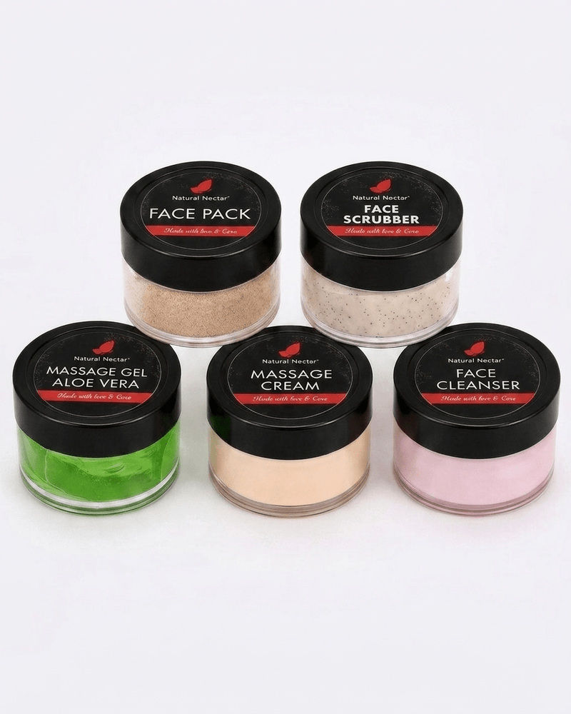 Natural Nectar 5-in-1 Facial Kit box in lifestyle shot with botanical styling and facial care theme.