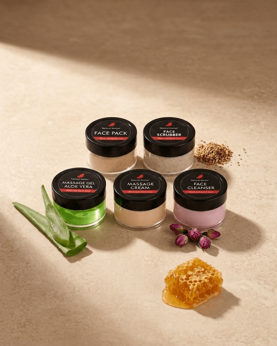 Natural Nectar 5-in-1 Facial Kit box on neutral background showing product packaging.