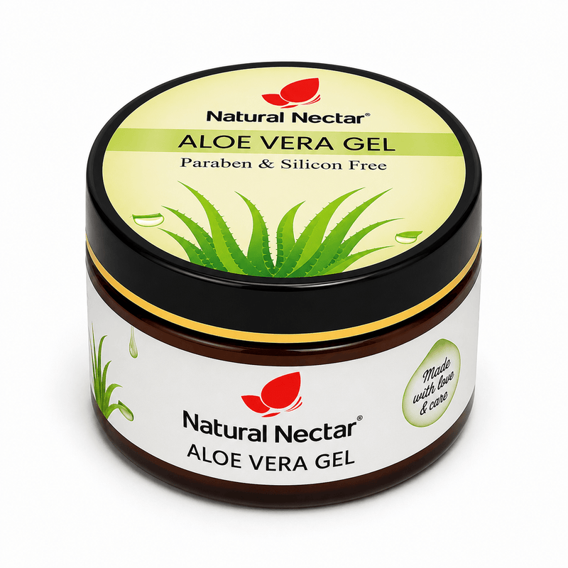 Natural Nectar Aloe Vera Gel jar on neutral background showing product design and clear jar.