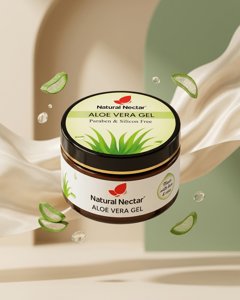 Natural Nectar Aloe Vera Gel in lifestyle shot with soothing botanical styling.