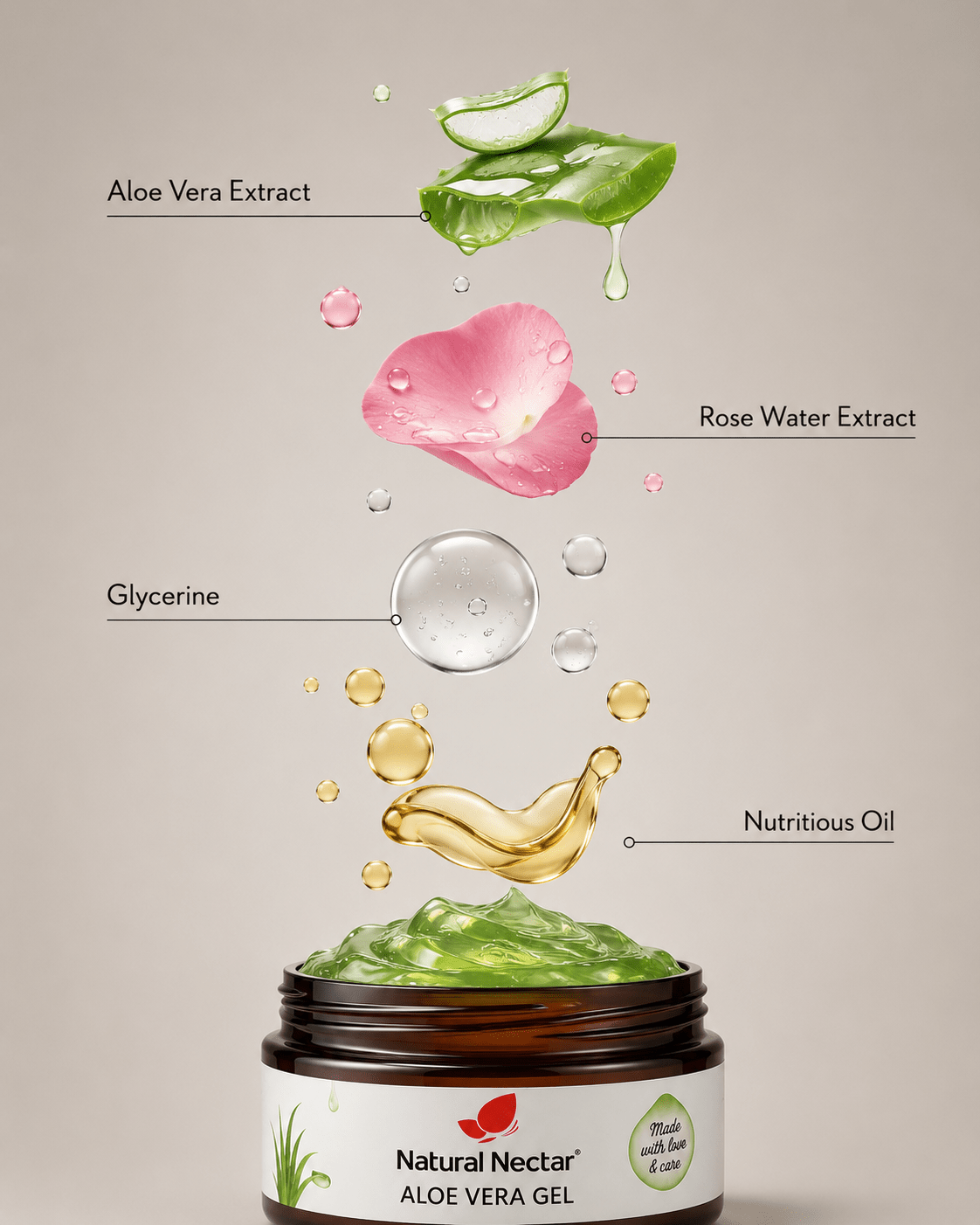 Natural Nectar Aloe Vera Gel jar centered with translucent gel visible inside.