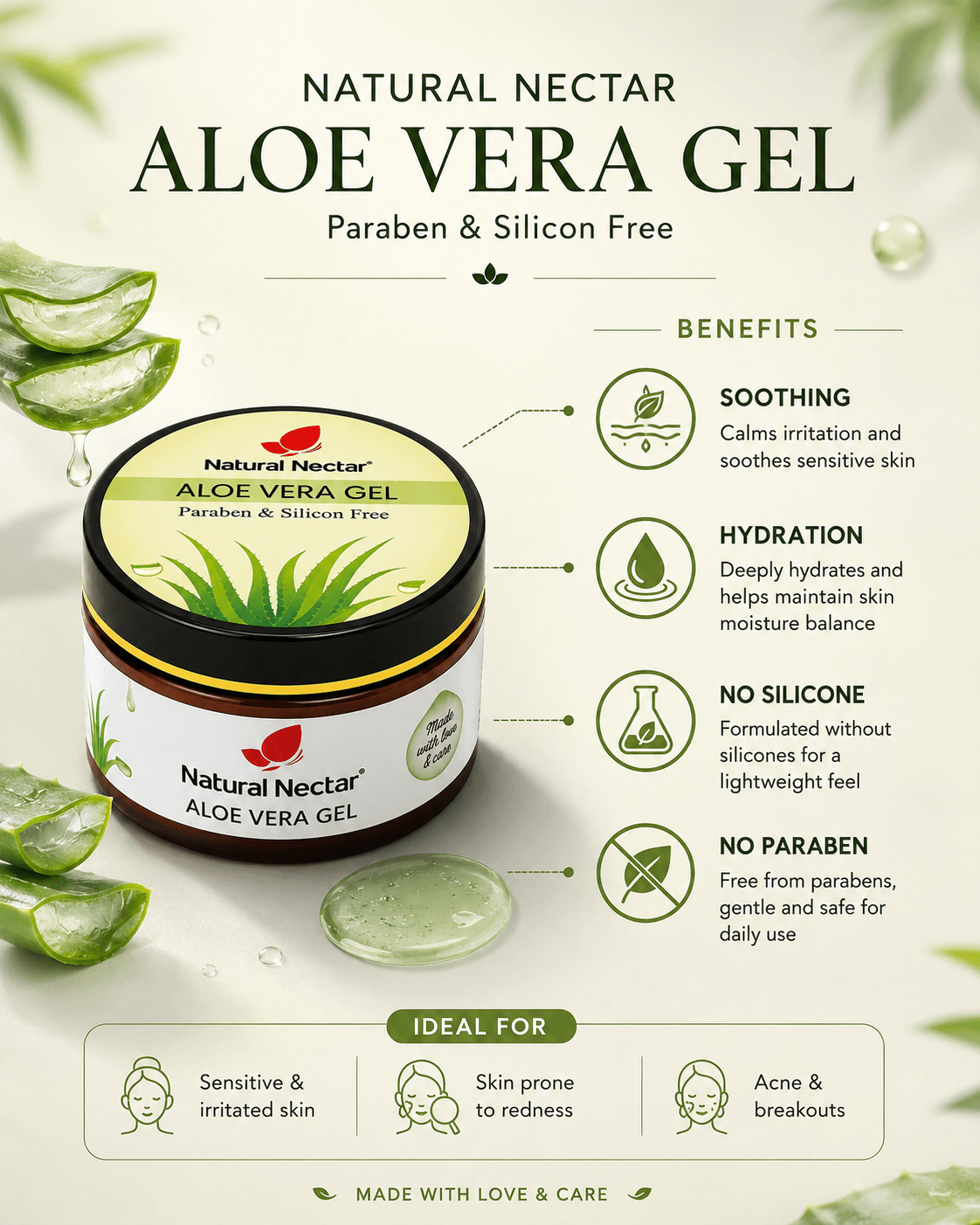 Natural Nectar Aloe Vera Gel in lifestyle composition with botanical and soothing elements.