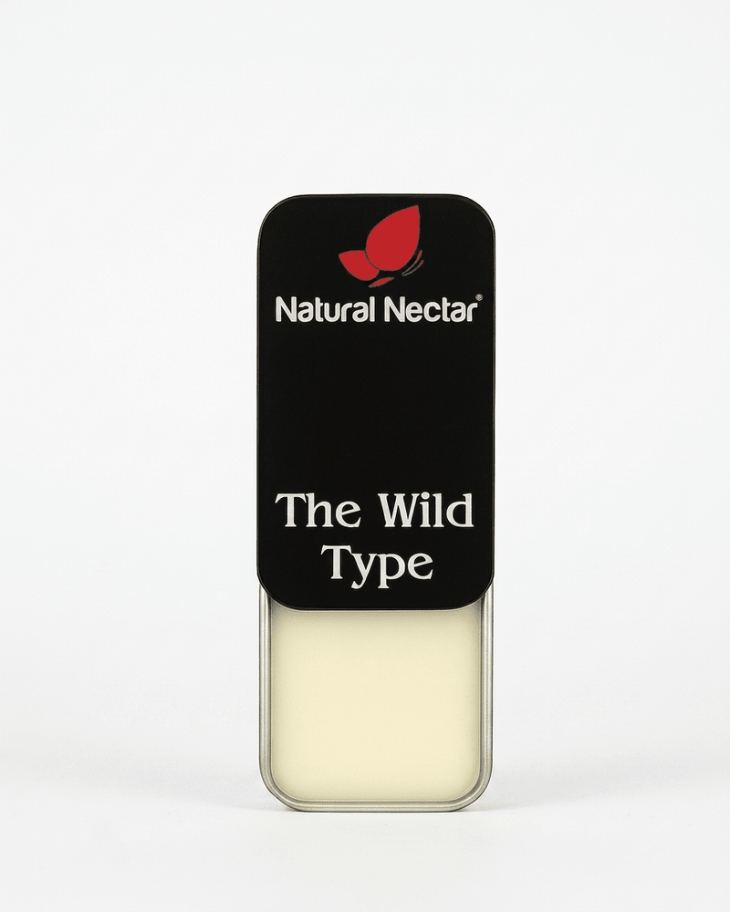 Natural Nectar The Wild Type Amber Marine Solid Perfume tin in lifestyle shot with marine-inspired styling.