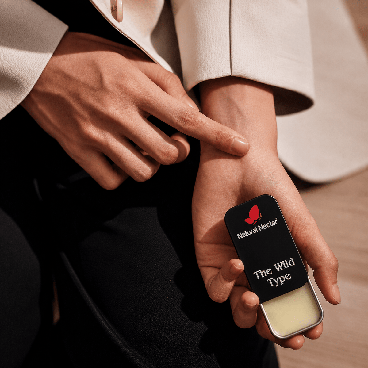 Natural Nectar The Wild Type Amber Marine Solid Perfume flat-lay on neutral surface.