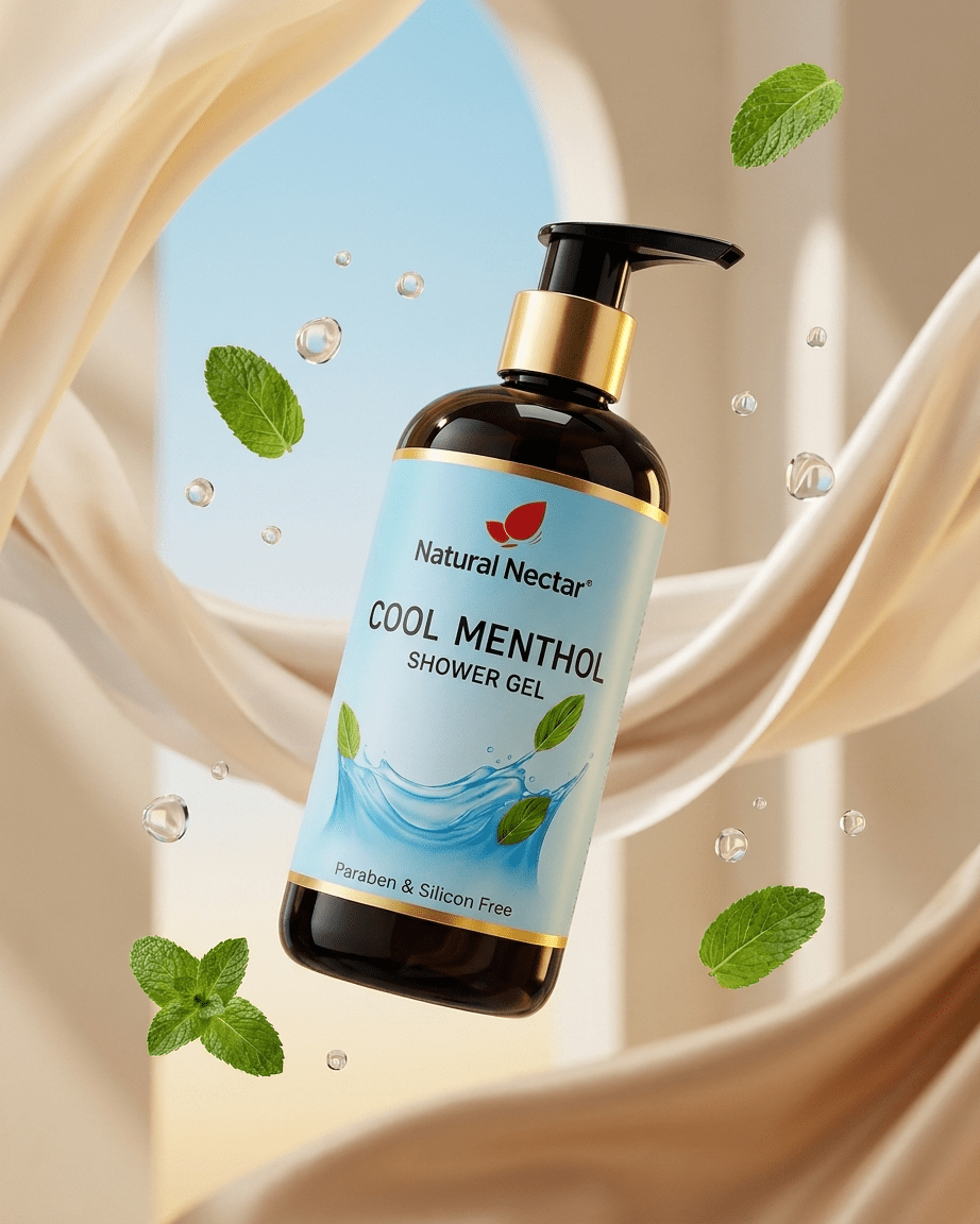 Natural Nectar Cool Menthol Body Wash in lifestyle shot with soft botanical and cooling elements.