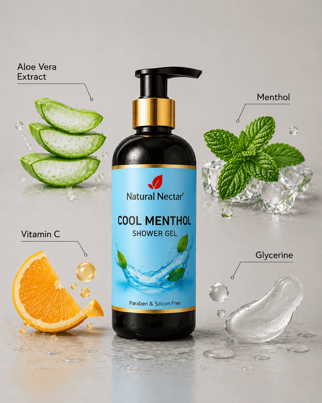 Natural Nectar Cool Menthol Body Wash bottle with dynamic floating composition and water elements.