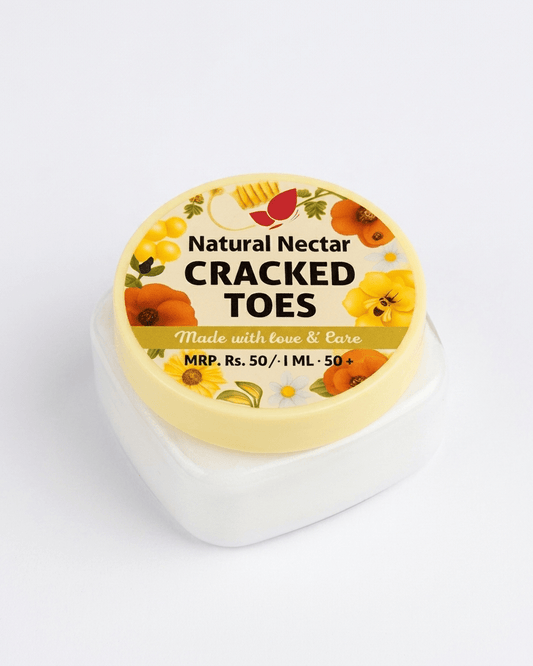 Natural Nectar Beeswax Cracked Heel & Toe Cream jar in lifestyle shot with foot care theme.