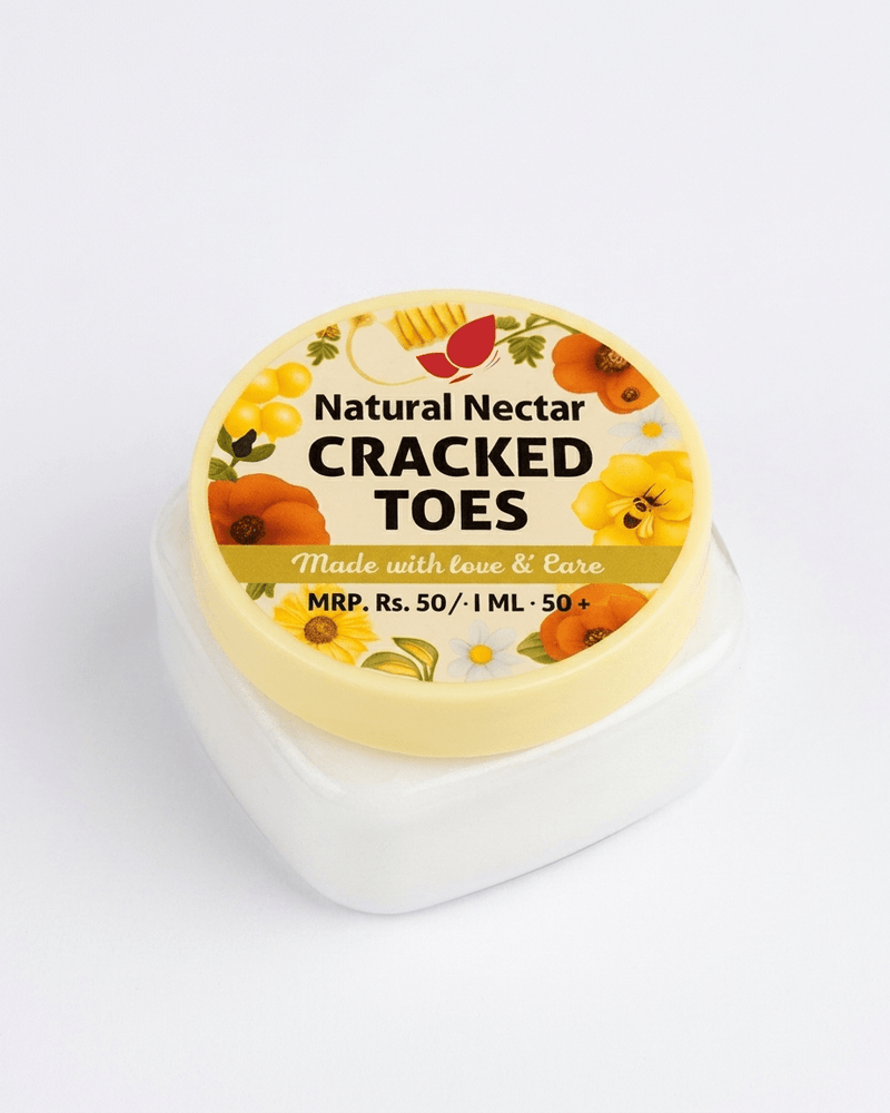 Natural Nectar Beeswax Cracked Heel & Toe Cream jar in lifestyle shot with foot care theme.