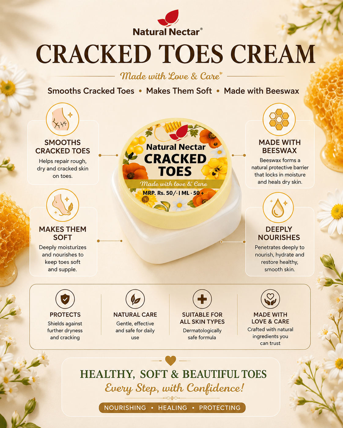 Natural Nectar Beeswax Cracked Heel & Toe Cream product shot with clear branding.