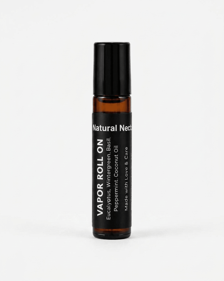 Natural Nectar Eucalyptus & Peppermint Vapour Roll-On bottle in lifestyle shot with cooling elements.