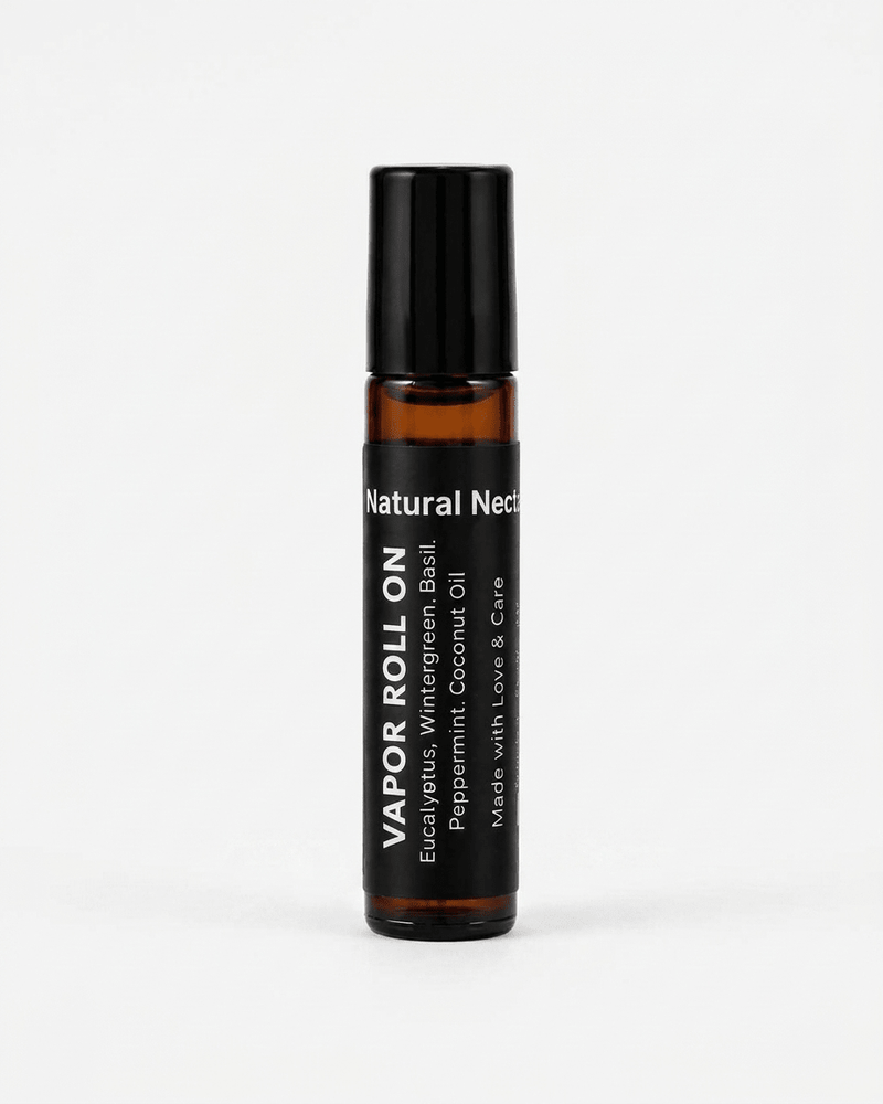 Natural Nectar Eucalyptus & Peppermint Vapour Roll-On bottle in lifestyle shot with cooling elements.