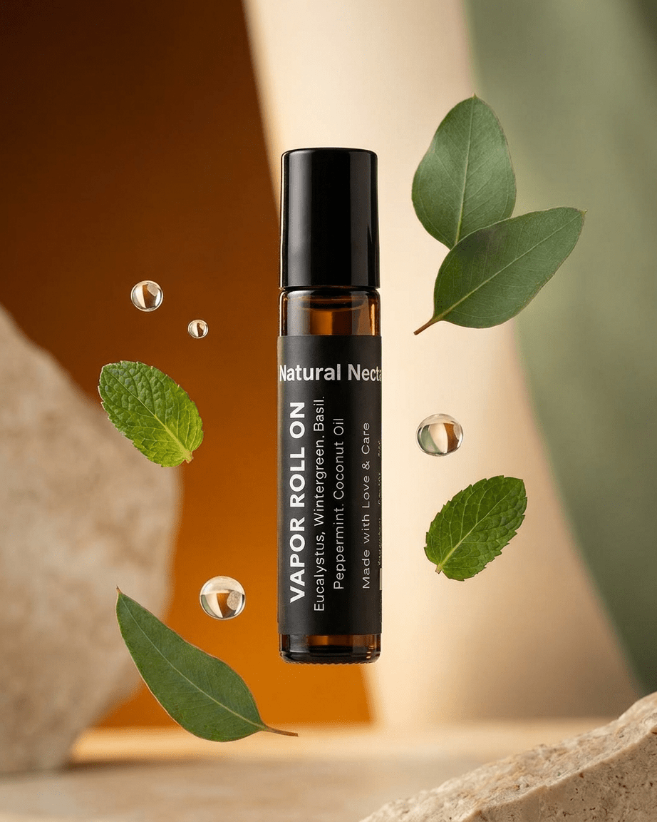 Natural Nectar Eucalyptus & Peppermint Vapour Roll-On bottle on neutral background.