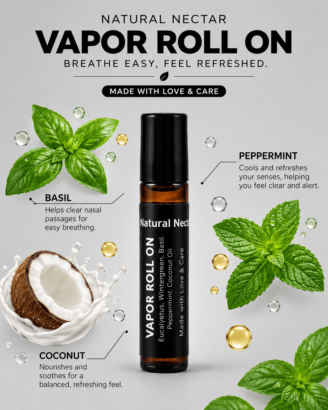 Natural Nectar Eucalyptus & Peppermint Vapour Roll-On product shot with clear branding.