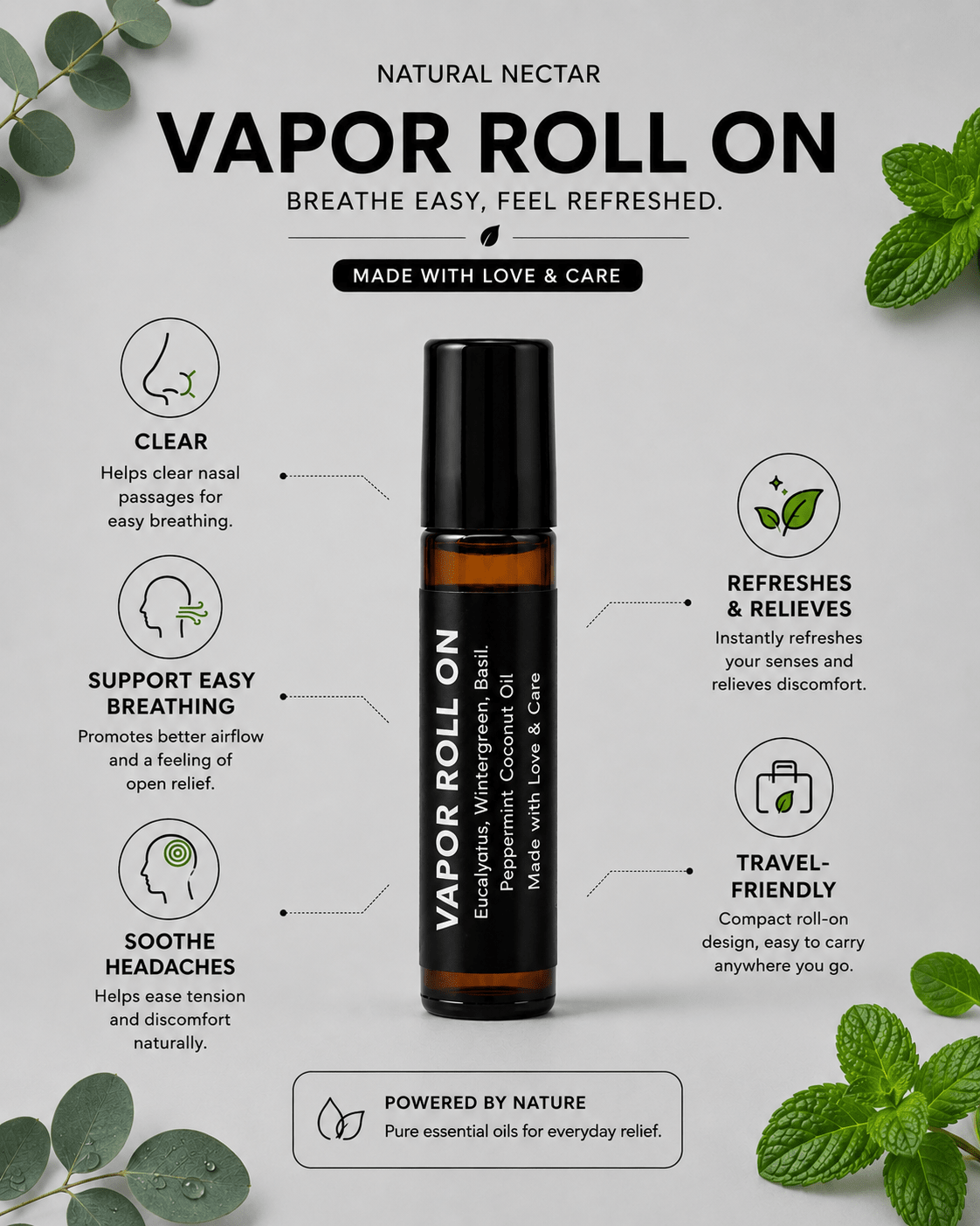 Natural Nectar Eucalyptus & Peppermint Vapour Roll-On in lifestyle composition with cooling theme.