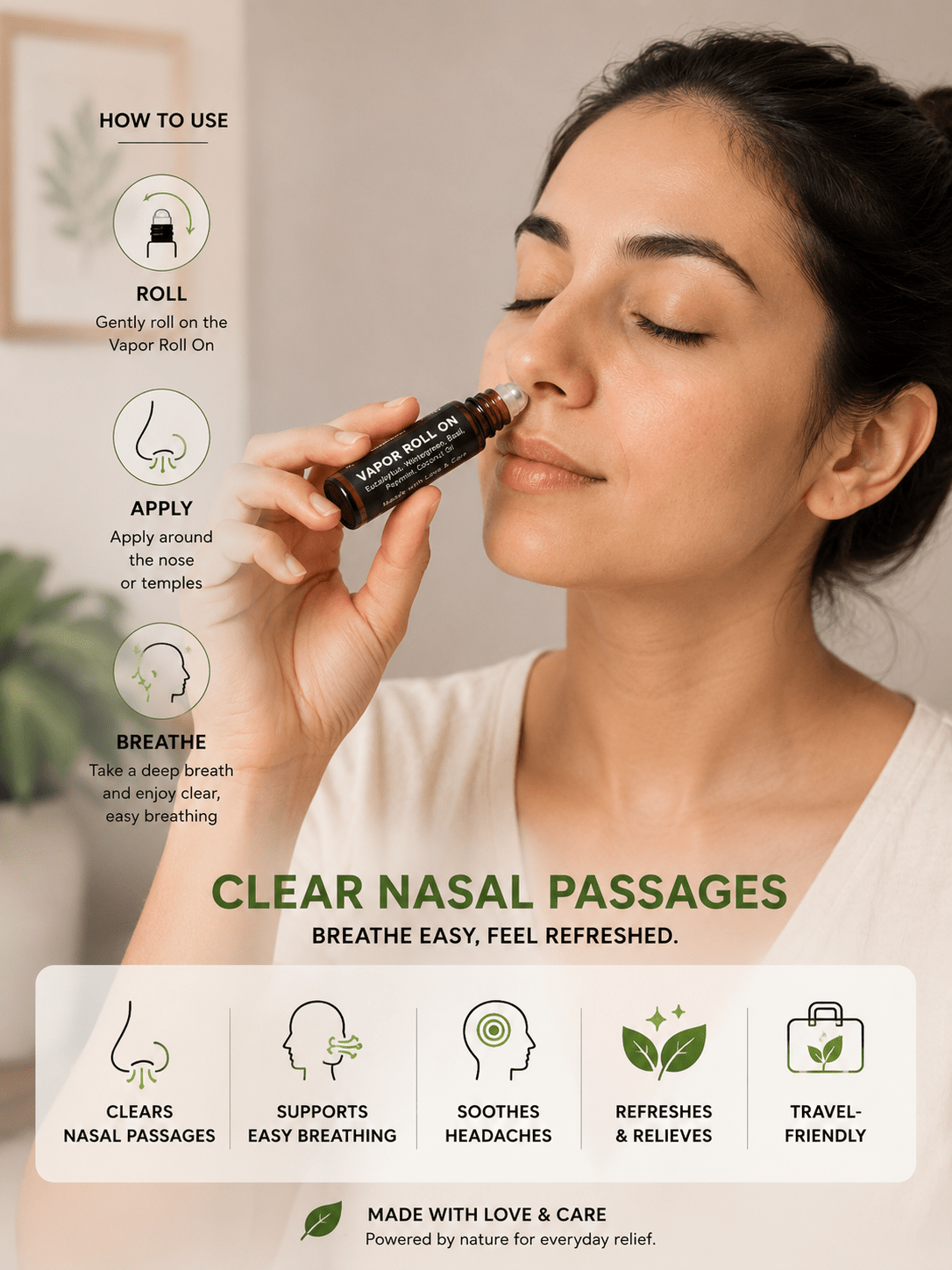 Natural Nectar Eucalyptus & Peppermint Vapour Roll-On on soft background with botanical elements.