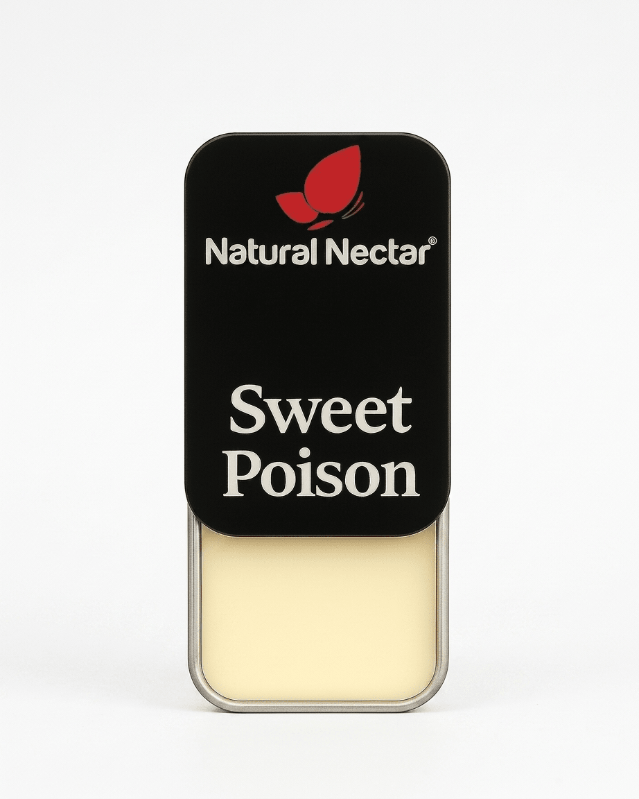 Natural Nectar Sweet Poison Fruity Floral Solid Perfume tin in lifestyle shot with floral styling.