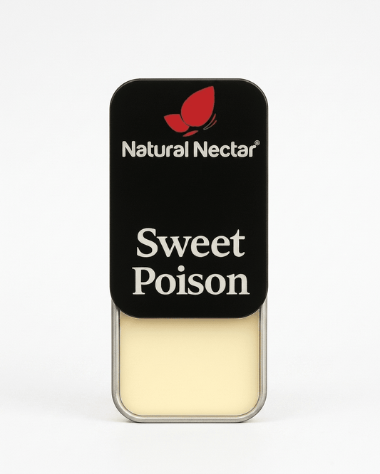 Natural Nectar Sweet Poison Fruity Floral Solid Perfume tin in lifestyle shot with floral styling.