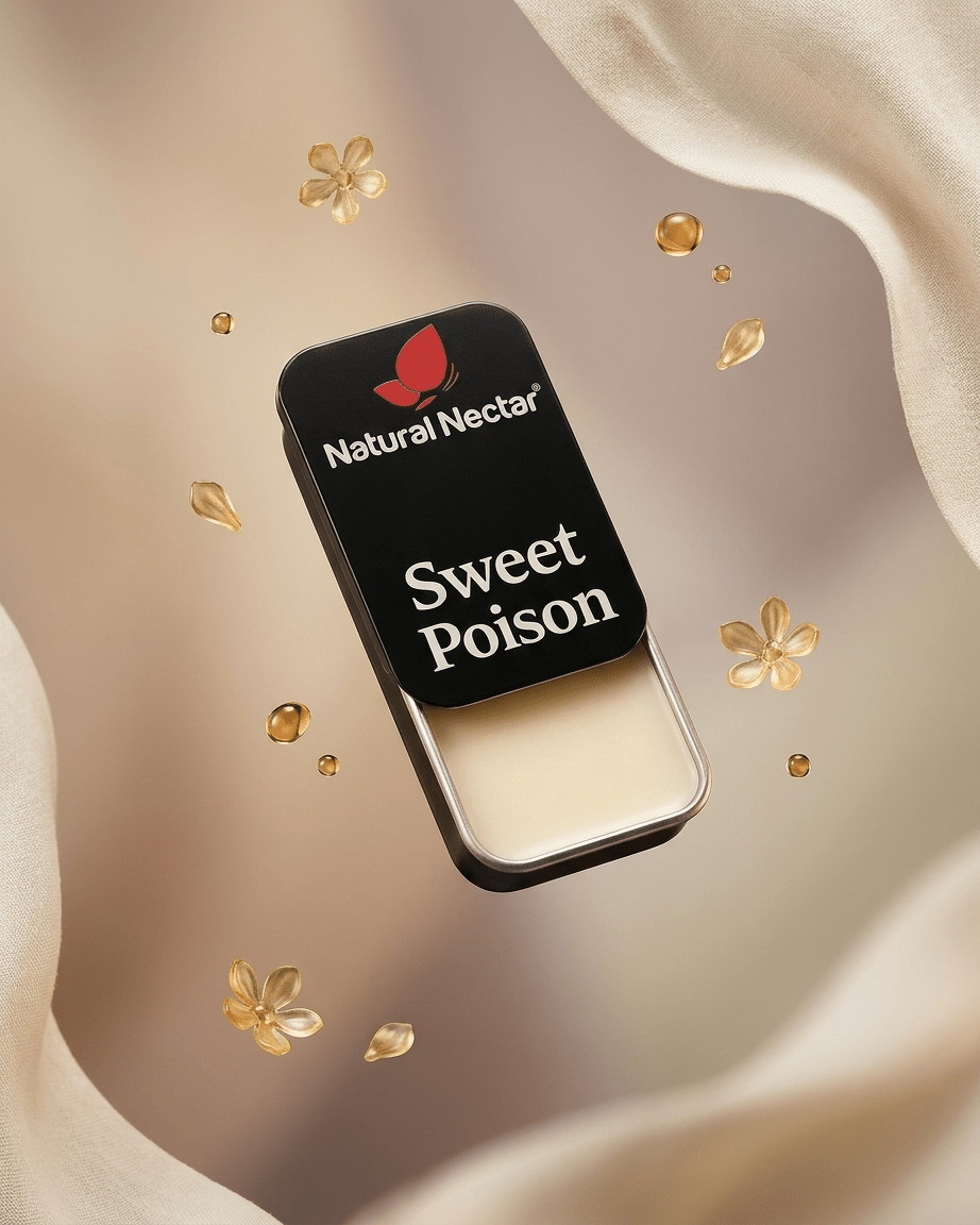 Natural Nectar Sweet Poison Fruity Floral Solid Perfume on neutral background.