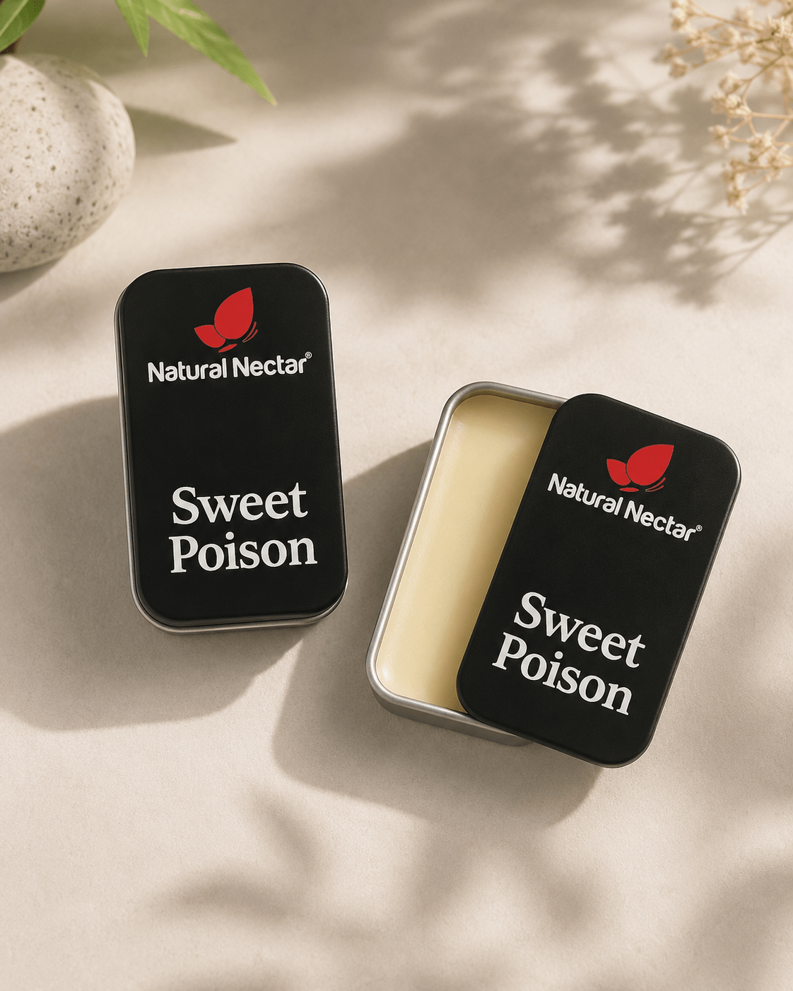 Natural Nectar Sweet Poison Fruity Floral Solid Perfume flat-lay on neutral background.
