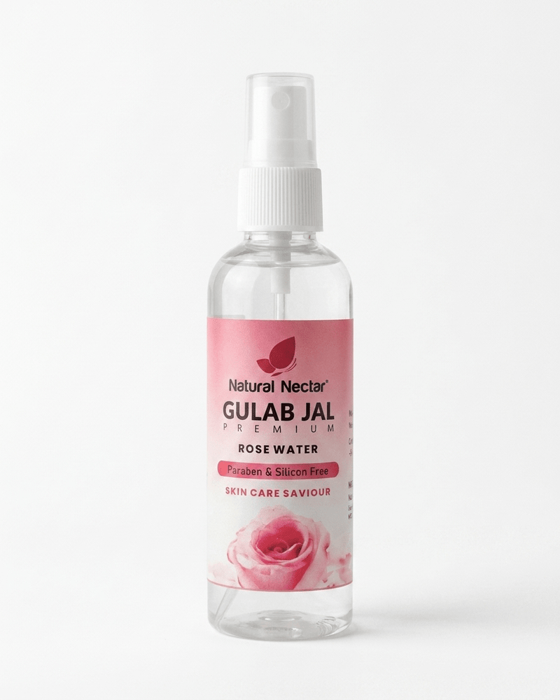 Natural Nectar Gulab Jal Rose Water Face Mist bottle on pale botanical background with soft styling.