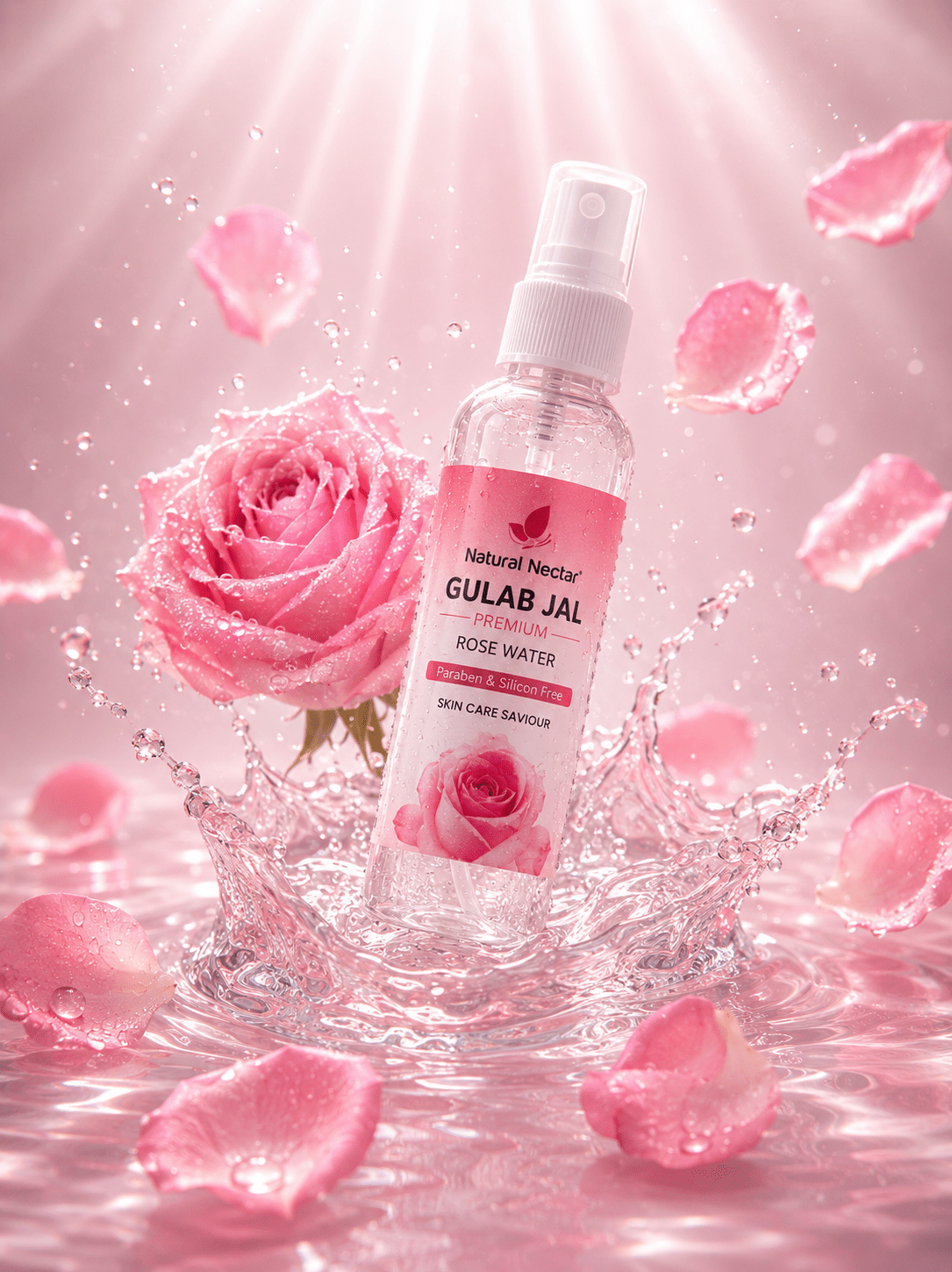 Natural Nectar Gulab Jal Rose Water face mist with ingredient and benefit graphics on neutral background.