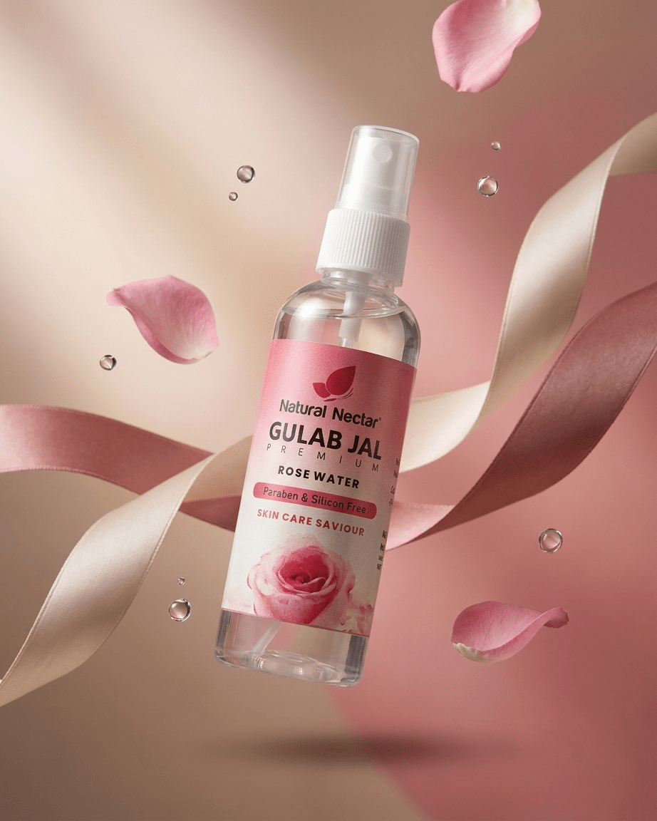 Natural Nectar Gulab Jal Rose Water bottle styled with botanical elements and soft cream background.