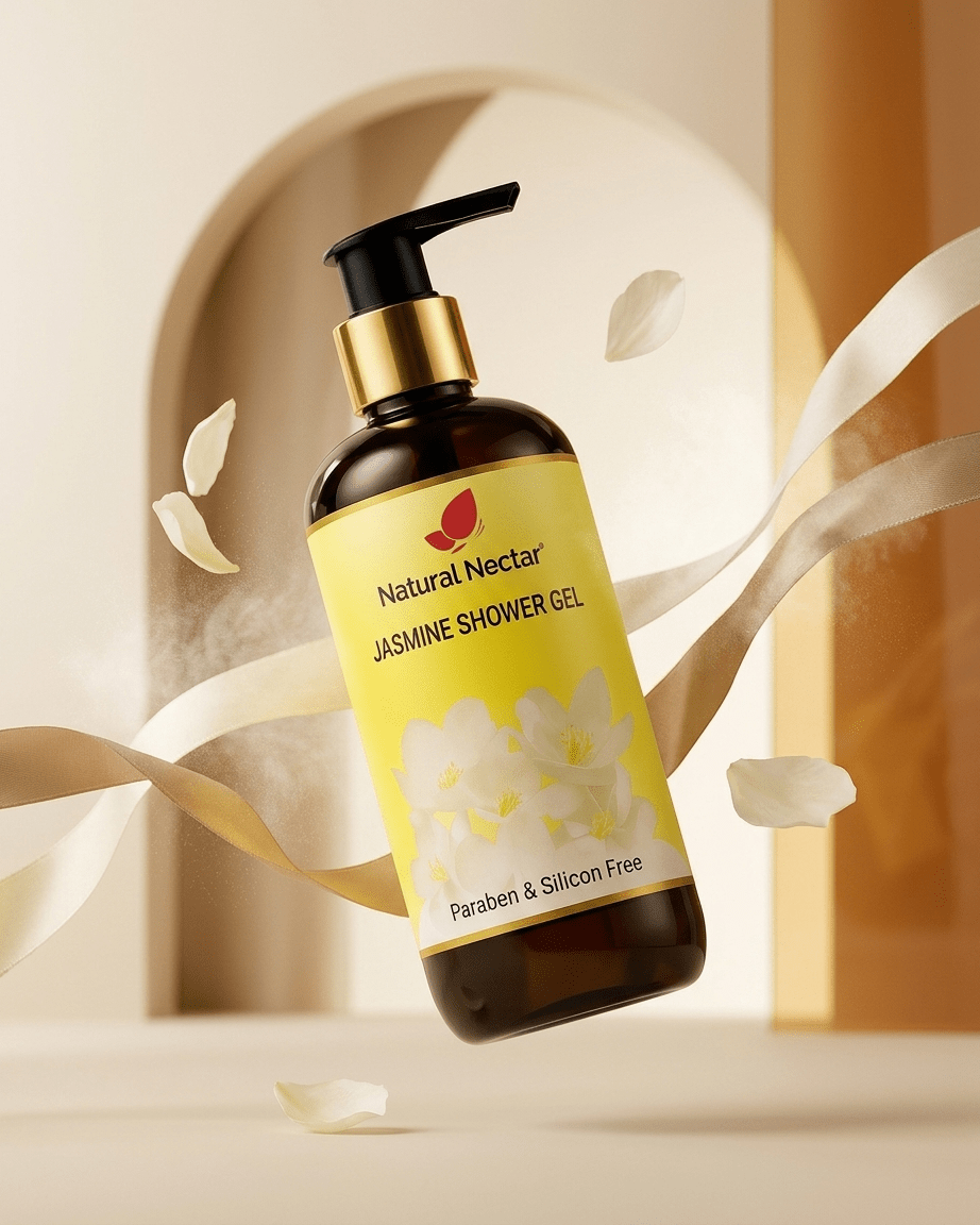 Natural Nectar Jasmine Body Wash in lifestyle shot with soft botanical jasmine styling.