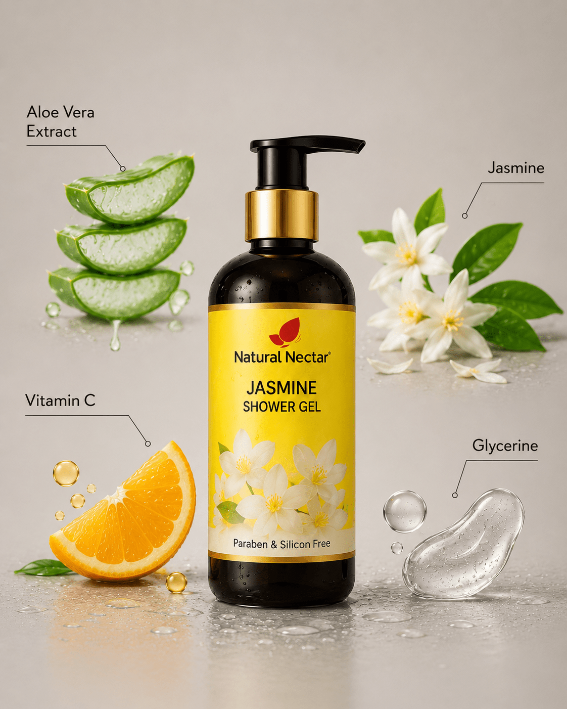 Natural Nectar Jasmine Body Wash bottle with dynamic floating composition and water elements.