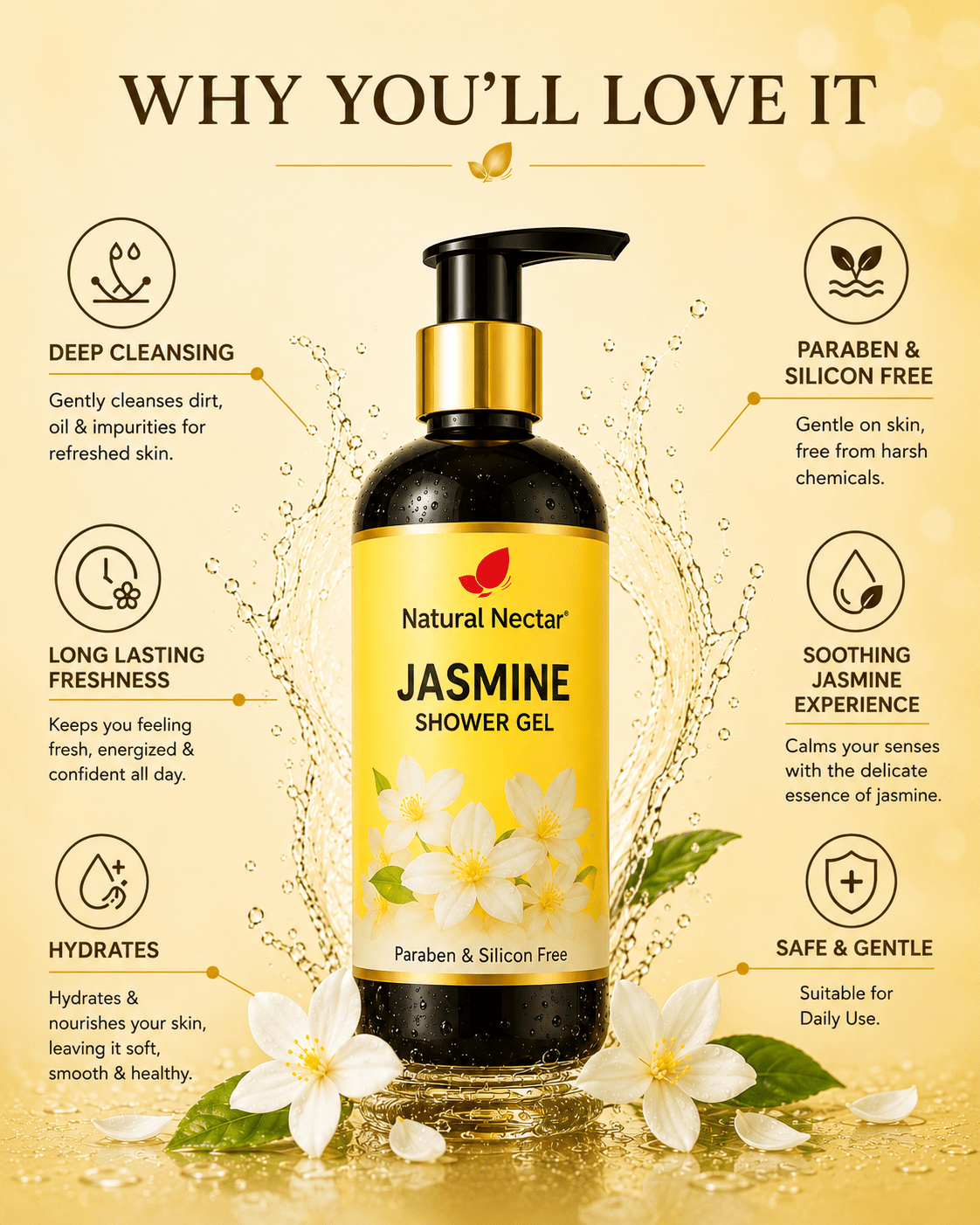 Natural Nectar Jasmine Body Wash with dynamic lighting and floral backdrop.