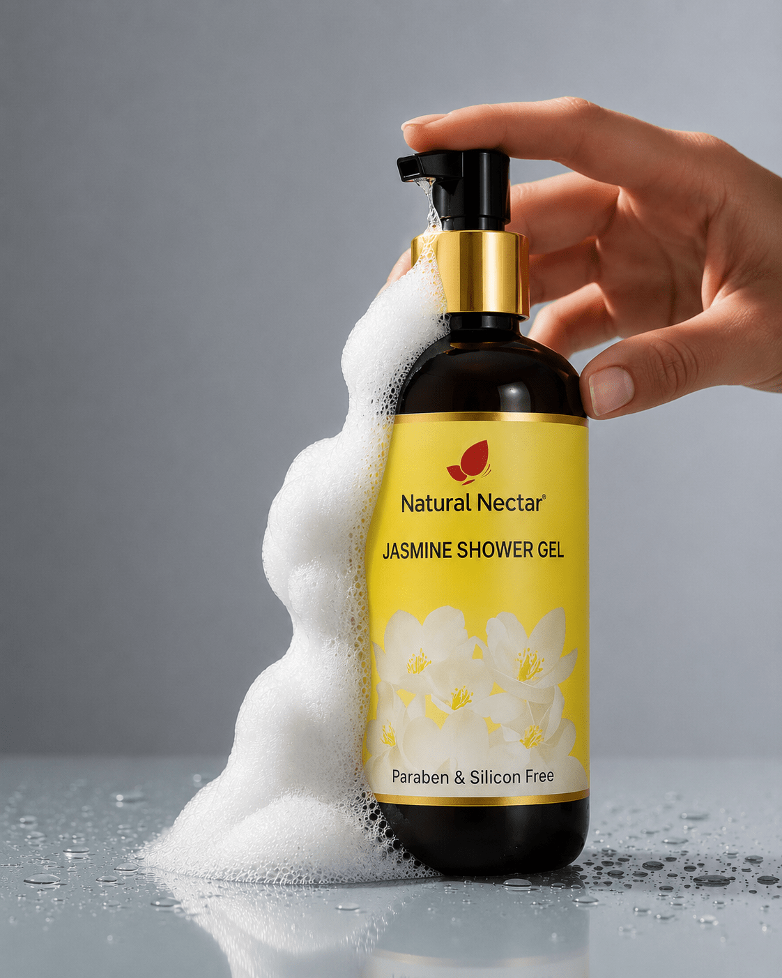 Natural Nectar Jasmine Body Wash product shot with clear branding on neutral grey background.