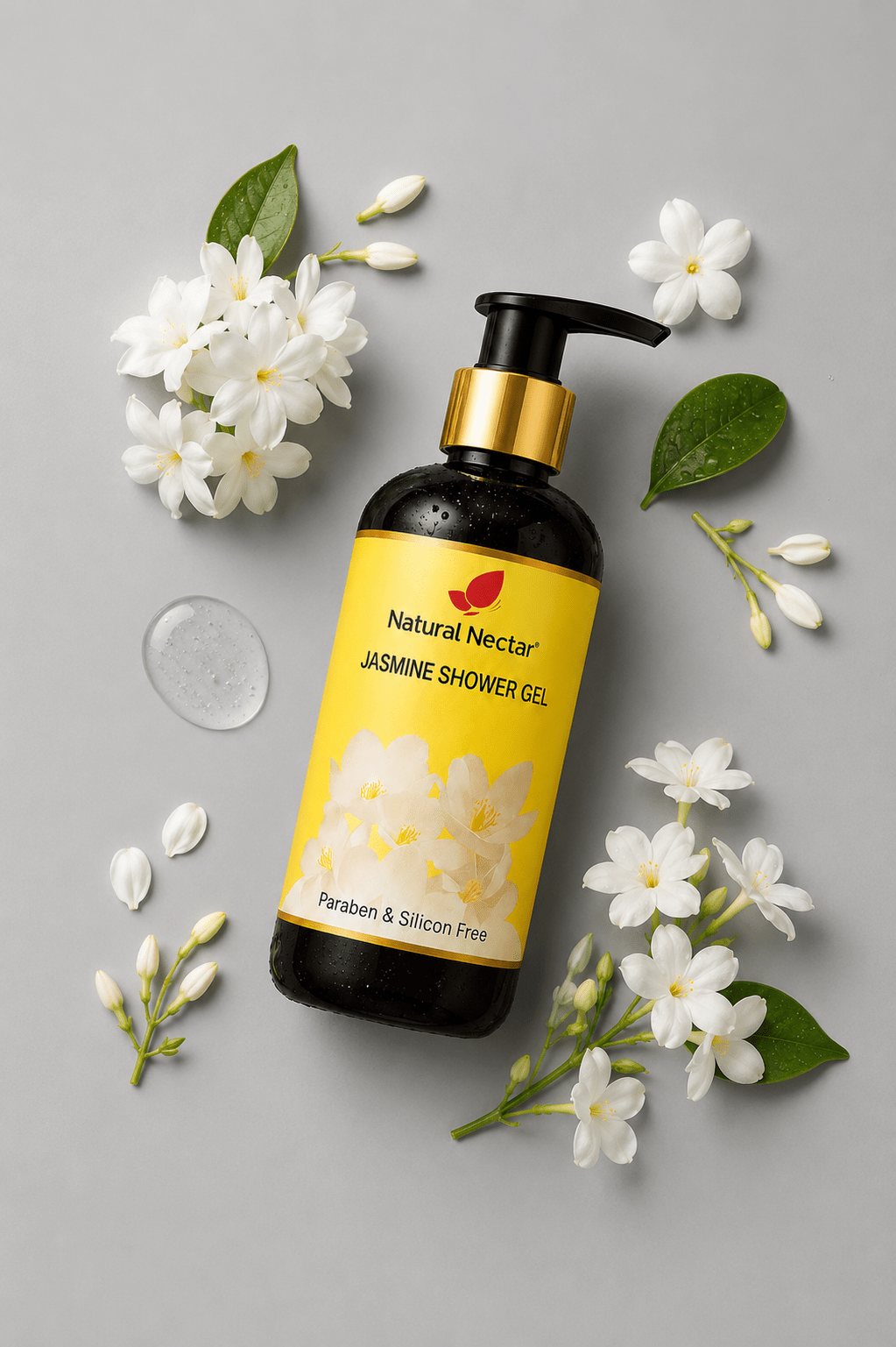 Natural Nectar Jasmine Body Wash bottle centered with botanical jasmine elements and styling.