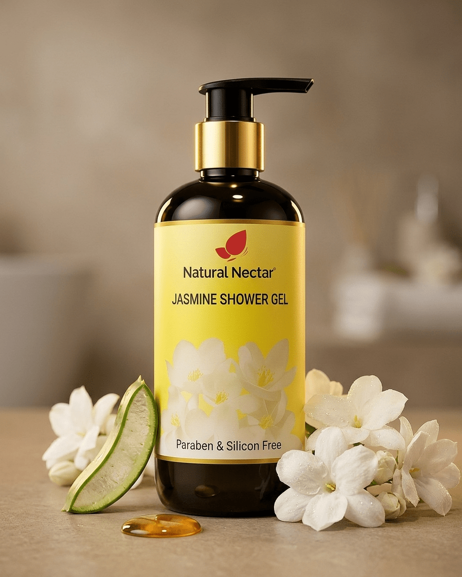 Natural Nectar Jasmine Body Wash in beauty lifestyle composition with soft background.