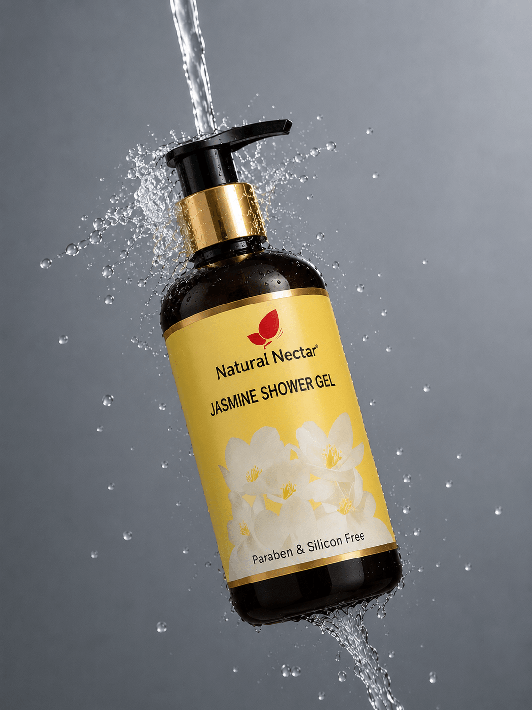 Natural Nectar Jasmine Body Wash product shot with textured background and floral accents.