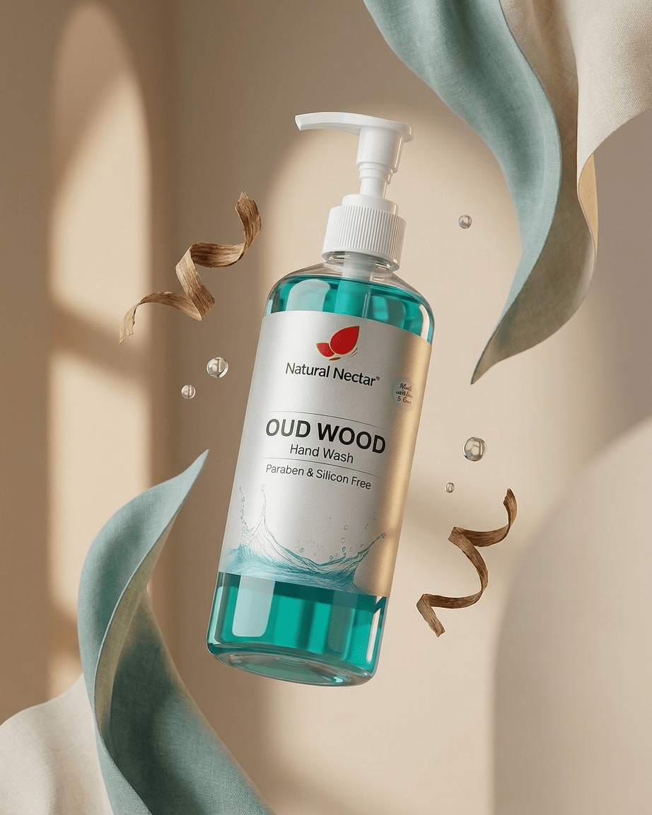 Natural Nectar Oud Wood Hand Wash bottle floating against a warm beige background with soft draped fabric and ribbon props.