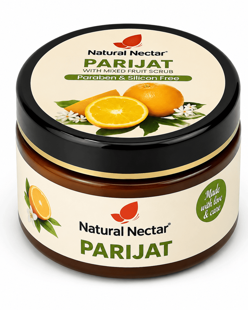 A jar of Natural Nectar Parijat Mixed Fruit Scrub with cream-colored label and white flower illustrations on a plain background.