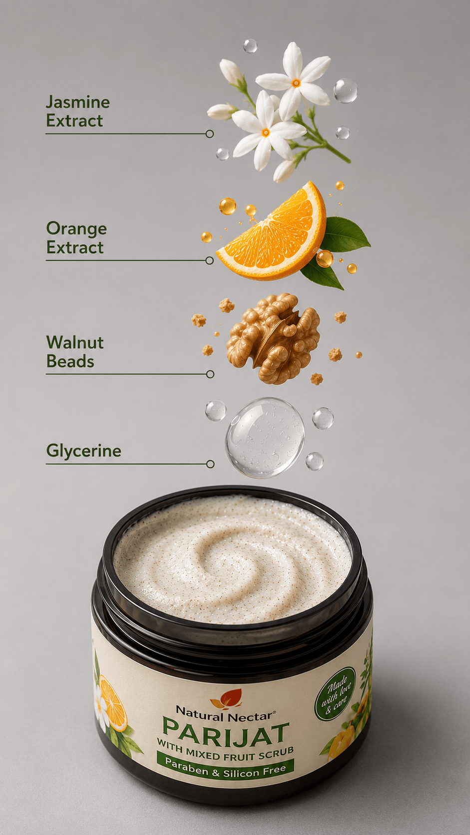 Flat-lay of Natural Nectar Parijat Scrub jar on grey background with ingredient callouts: jasmine extract, orange extract, walnut beads, glycerine.