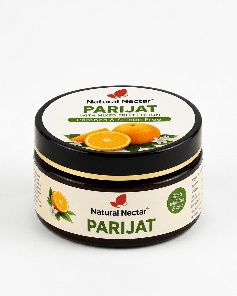 Natural Nectar Parijat Moisturizer jar in lifestyle shot with botanical parijat flower styling.